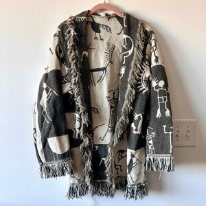 VTG One Size Pat Meyers Tapestry Blanket Cardigan Southwest Hieroglyphs sweater